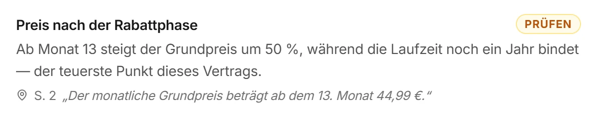 Prüfpunkt aus dem Prüfbericht mit Beleg: Seite 2 und das wörtliche Zitat aus dem Vertrag