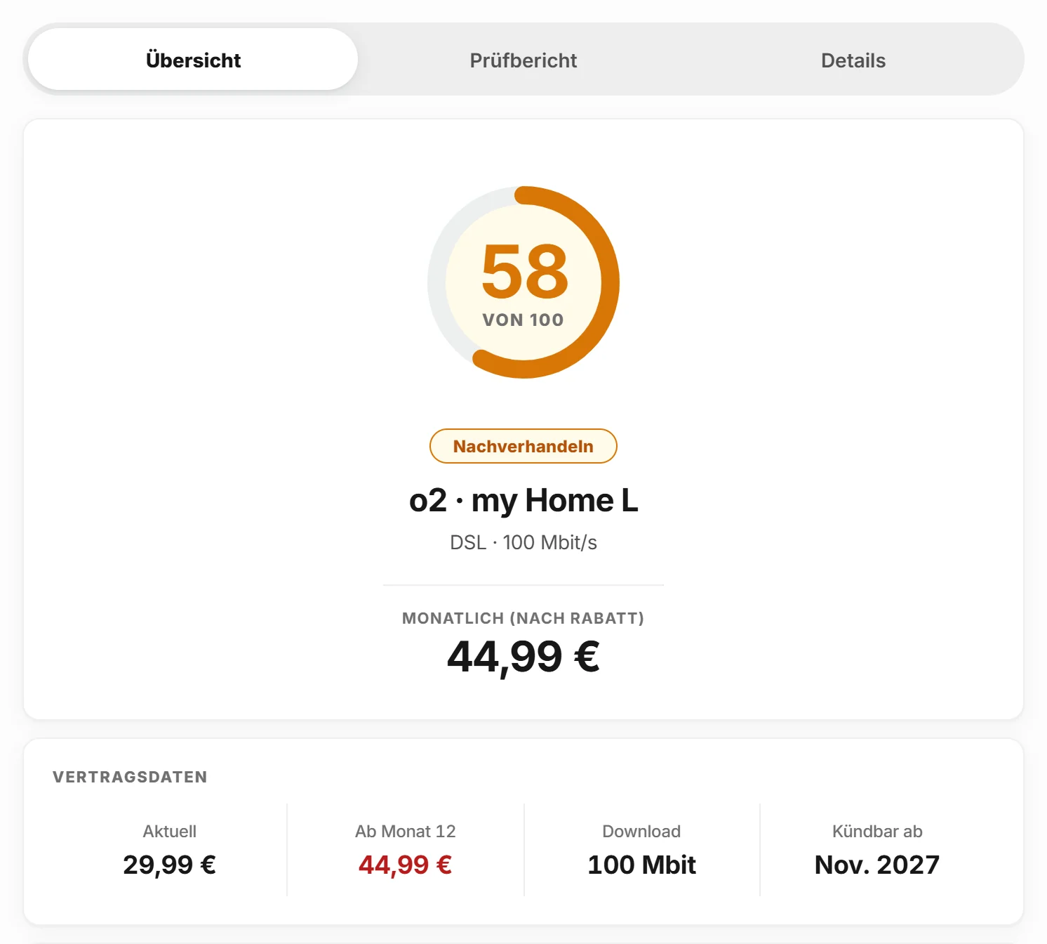 Ergebnis einer Beispiel-Analyse: Score 58 von 100, Empfehlung Nachverhandeln, darunter die Vertragsdaten