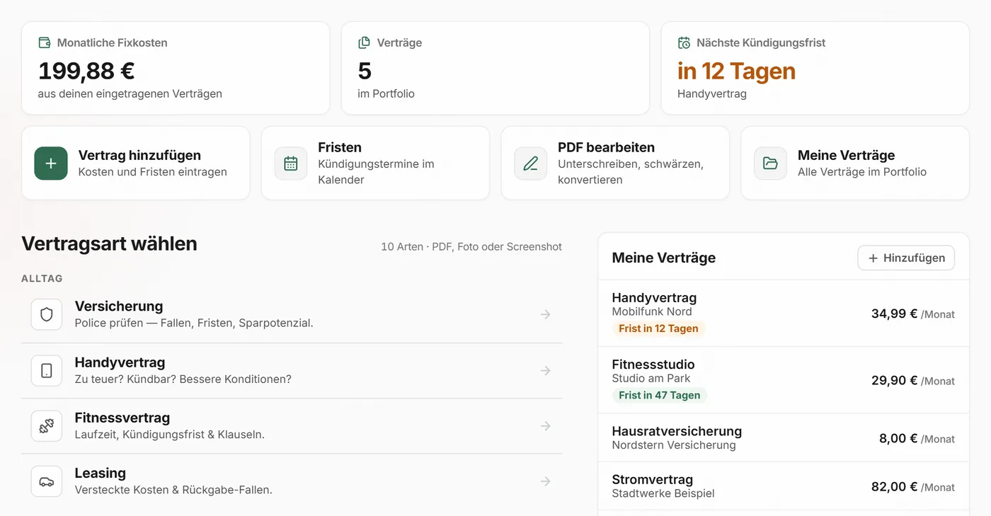 Dashboard mit monatlichen Fixkosten, Anzahl der Verträge, nächster Kündigungsfrist und der Liste Meine Verträge